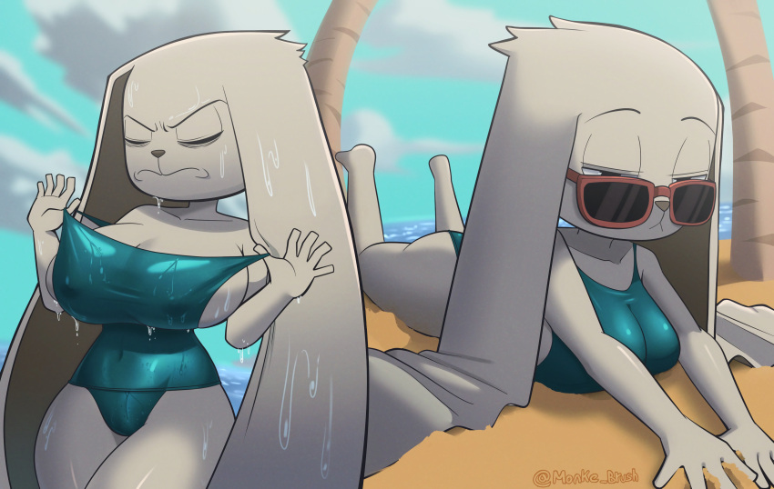 1girl 1girl 屁股 沙滩装 蓝色_衣服 乳房 闭上_眼睛 Coolinker 毛茸茸的眼镜 头发 inker_comics inkershike 躺着 躺着 趴在肚子上 Monke_brush 原创 原创_角色 兔子 兔子_耳朵 兔子_女孩 太阳镜 标签我 厚厚的屁股 厚臀 厚腿 厚大腿 湿 湿_身体 湿_衣服 湿_衣服 湿_皮肤