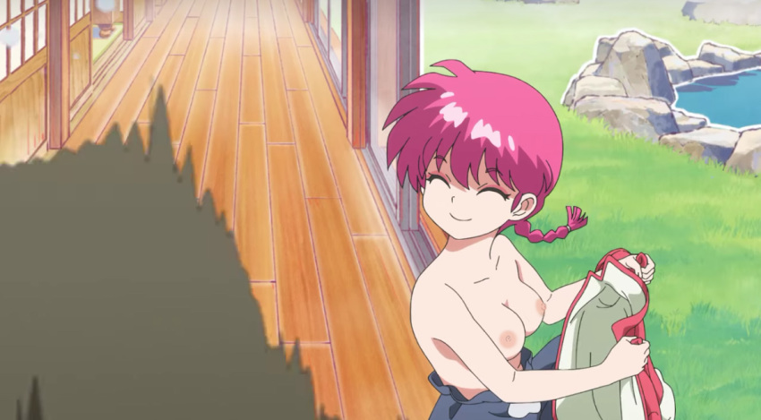 big_breasts braided_ponytail close_eyes edit nekom14 nipples no_bra Pink_hair ranko ranma-chan ranma_1/2 ranma_saotome screencap 微笑赤裸上身