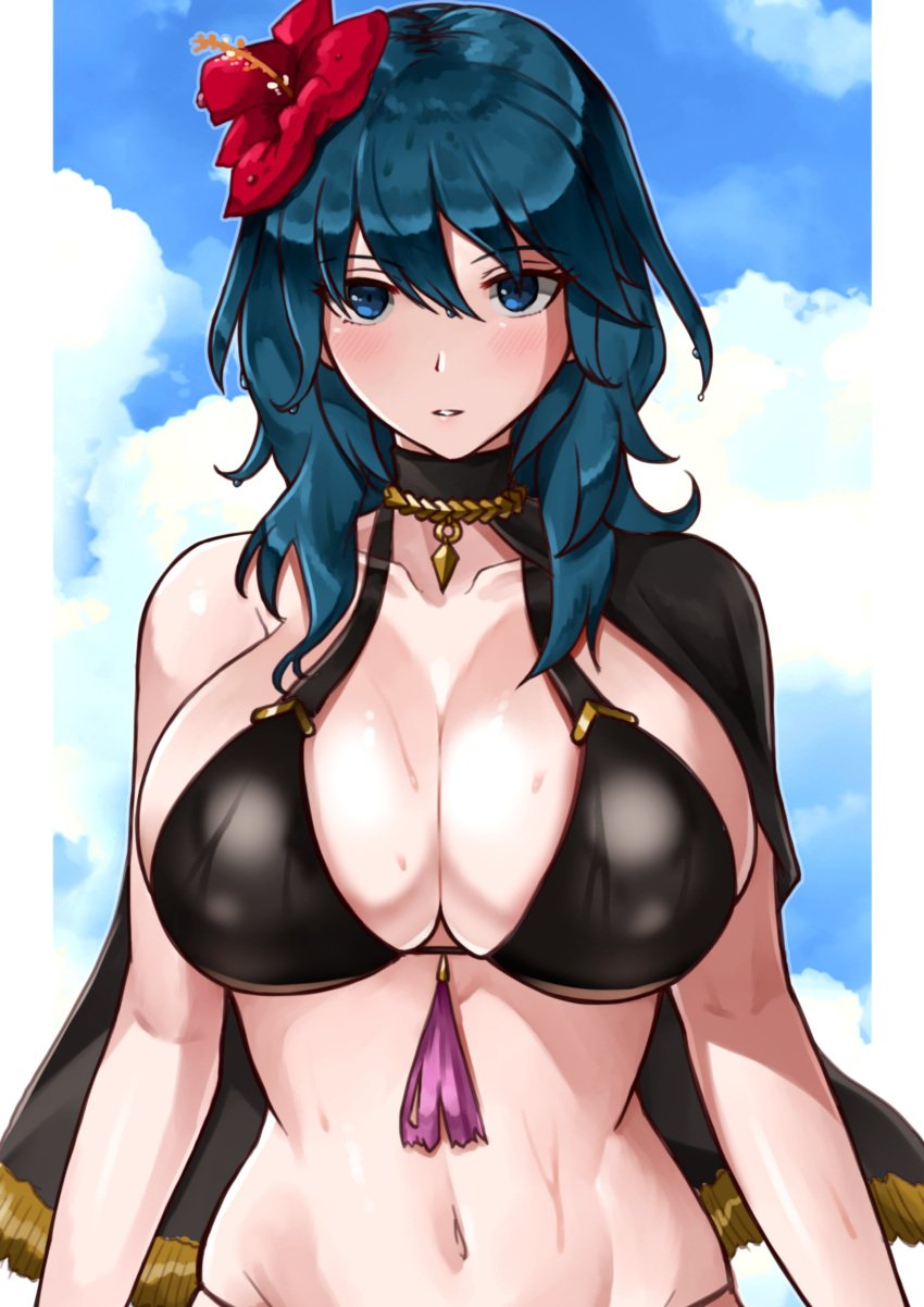 1girl big_breasts black_swimsuit blue_eyes byleth_(fire_emblem) byleth_(fire_emblem)_(female) byleth_(summer)_(fire_emblem)_(female) fire_emblem fire_emblem:_tri_housesflower_in_hairlooking_at_viewer oniisan02b 泳衣 teal_hair yotsuhauni