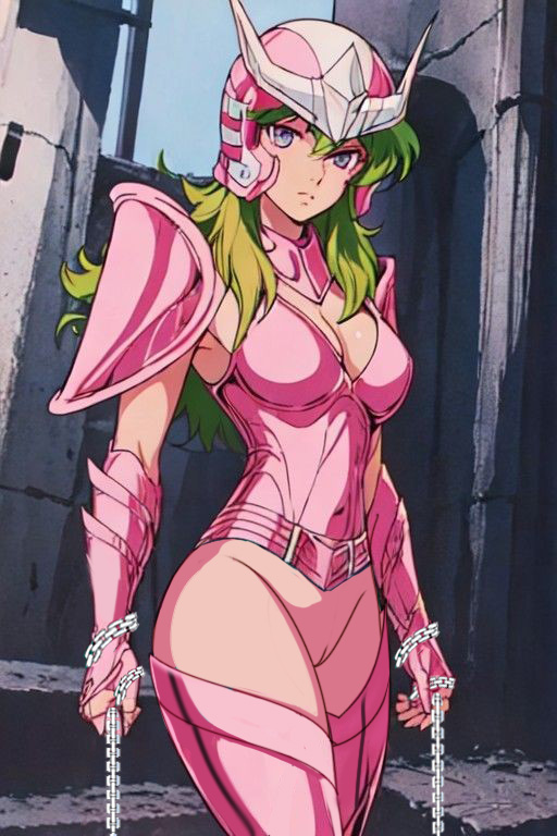 andromeda_shun 盔甲 blue_eyes 无底链 性别交换 性别交换 green_hair long_hairlooking_at_viewer nekom14 no_panties no_pants Pink_armor pussy saint_seiya