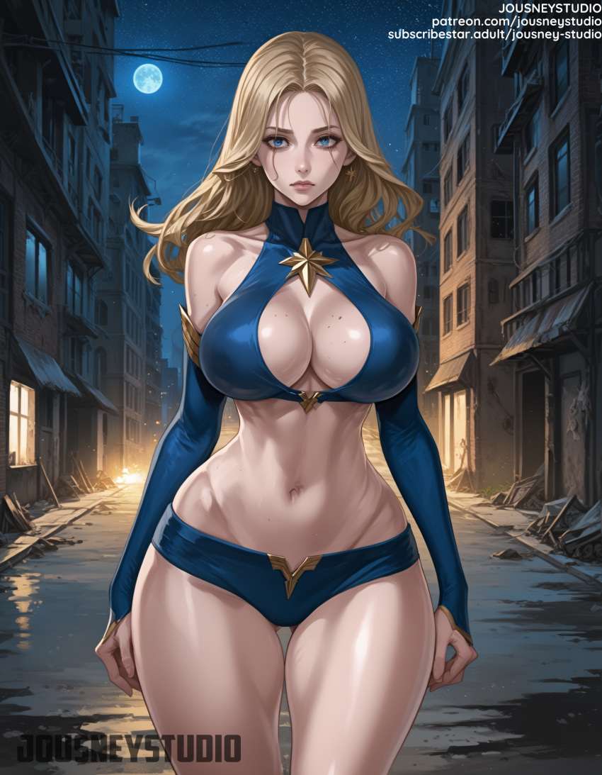 1girl 1girl 1girl ai-created ai_generate 艺术家名称 刘海 裸肩 大胸 金发女郎 蓝眼睛 乳房 建筑 Captain_marvel 卡罗尔丹弗斯 城市 城市景观 乳沟 乳沟 剪裁 闭合口 服装 服装 剪裁 牛仔_射击 分离袖子 耳环 女性专用 前额 满月 挂脖珠宝 jousneystudio linea_alba 嘴唇 长发looking_at_viewer奇迹 marvel_cinematic_universe marvel_comics 中腹痣 痣_乳房上的痣 月亮 肚脐 夜晚 night_sky 外面parted_bangs patreon_username Short_shorts 短裤 天空 stable_diffusion 站立 star_(天空) star_(符号) starry_sky 胃 厚_大腿 大腿_间隙 大腿 色调水印 web_address