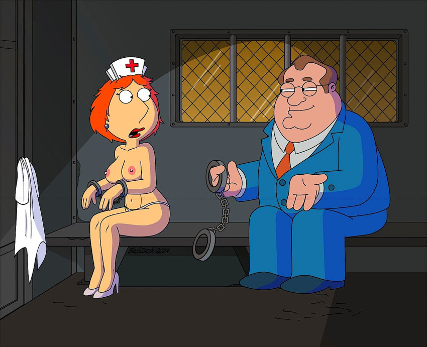 blackzacek 乳房 直立乳头 family_guy 手铐 高跟鞋 lois_griffin 护士帽 大腿 丁字裤