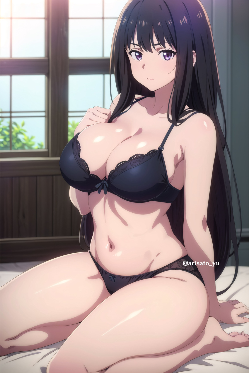 1girl 准确的艺术风格诱人 arisato_yu 裸腿大乳房黑发胸罩乳沟 inoue_takina 内衣 lycoris_recoil 内裤 pin_up Purple_eyes 内衣
