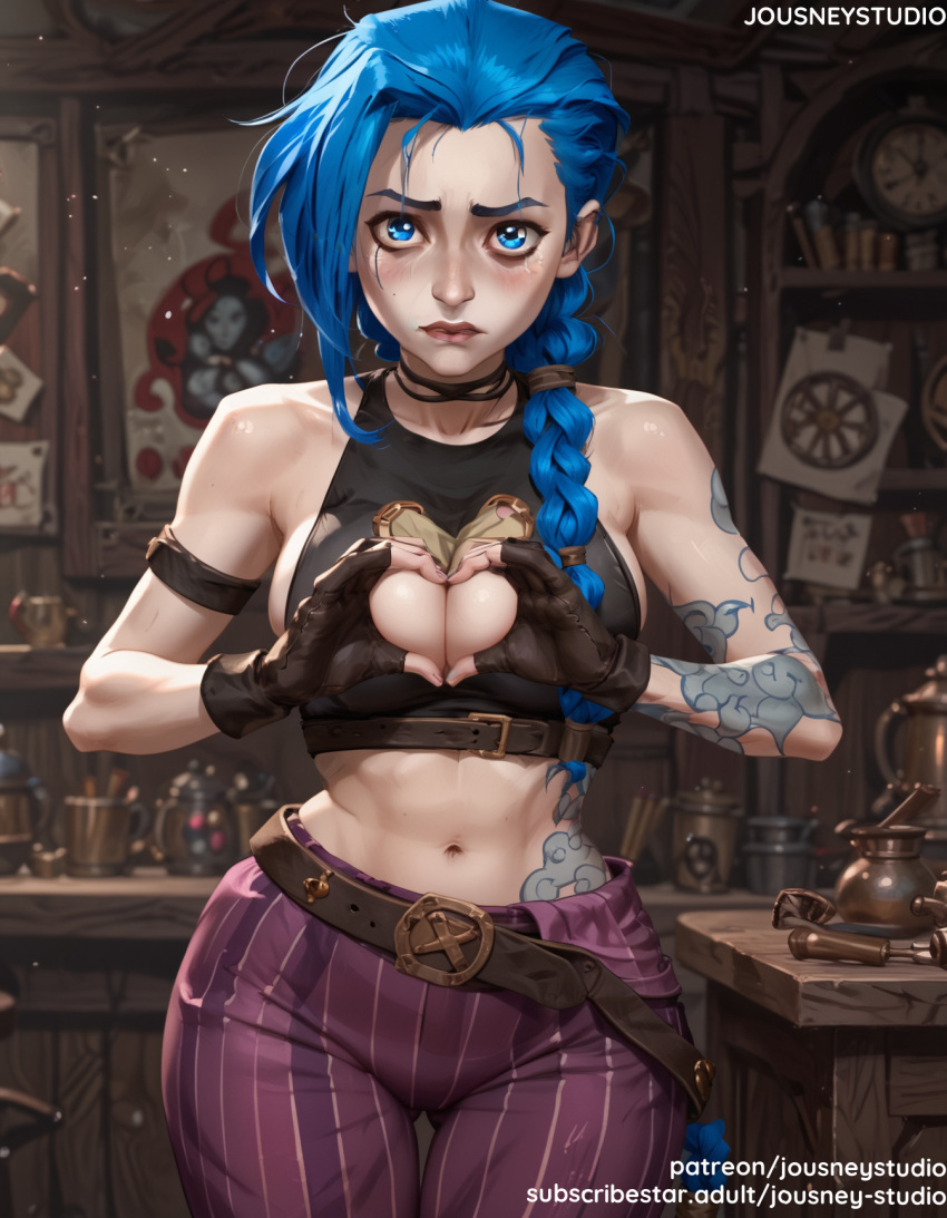 1girl 1girl 1girl ai_generate Arcane arcane:_league_of_legends arcane_jinx arm_tattoo 刘海 bare_shoulders 腰带 big_breasts black_choker black_gloves blue_eyes blue_hair 脸红 辫子 乳房 choker 锁骨 乳沟 close_mouth 服装crop_top 耳环 Female_only 无指_手套 雀斑 手套 heart heart_hands 拿着室内首饰jinx jinx_(league_of_legends) jousneystudio league_of_legends 嘴唇 长发 看着观众 化妆 中胸 中胸 肚脐裤 分开的嘴唇 马尾辫 衬衫 肩膀_纹身 微笑 站立 肚子 条纹纹身 大腿_间隙 大腿 绑着_头发 双辫子