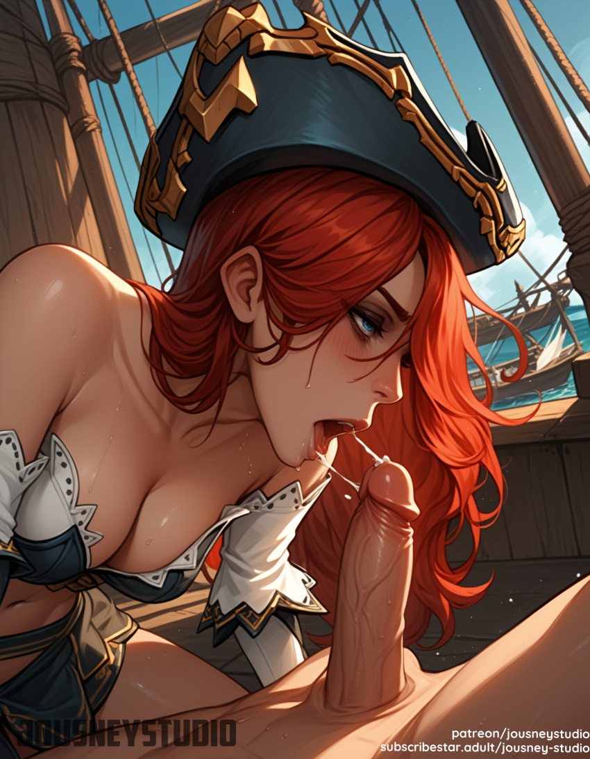 1boy 1girl ai_generate 刘海 bare_shoulders big_breasts black_headwear blue_eyes blue_sky 腮红 乳房 乳沟 Cloded_female_nude_male Clothing Day detached_sleeves 勃起 口交 帽子 头饰 异性恋 室内 大阴茎 嘴唇 长发 看着观众 男性中腹部 肚脐 乳头 裸体 open_mouth 口腔 外面 阴茎 海盗帽子 红色头发 唾液 精液 性船 坐裙子 天空 独奏_焦点 汗水 睾丸 舌头 舌头_出静脉 静脉_阴茎 船只