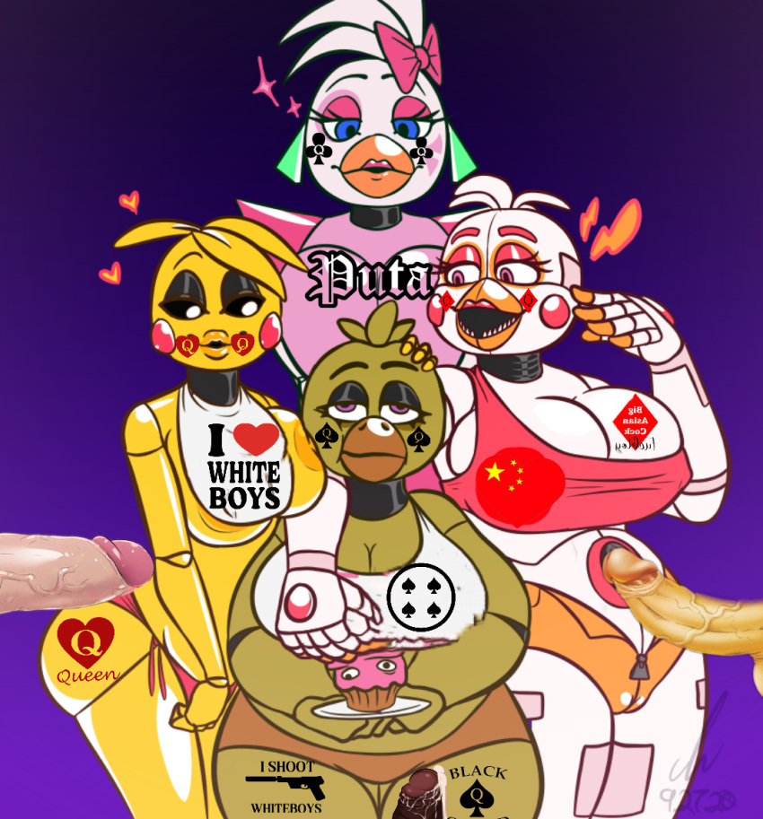 1girl 4girls 动画arm_around_shoulders big_breasts Breast_press Breasts chica_(fnaf) dress_writing Female_only Five_nights_at_freddy's Five_nights_at_freddy's:_security_breach Five_nights_at_freddy's_2 funtime_chica_(fnaf) glamrock_chica_(fnaf) 优雅曲线渐变背景 巨大的乳房 多重女孩 俱乐部女王 钻石女王 红心女王 黑桃女王 机器人 锋利的牙齿 签名 简单背景 玩具奇卡_(fnaf)