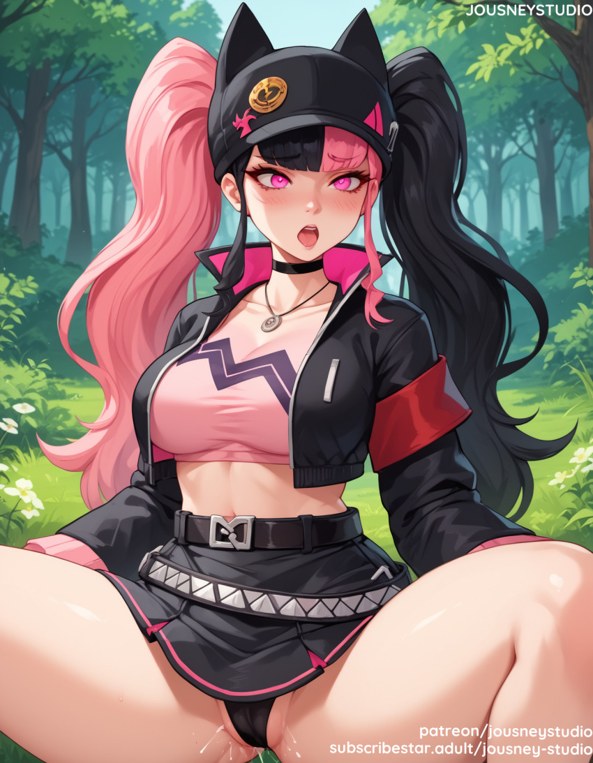 1girl 1girl 1girl ai_generate 刘海 腰带 big_breasts black_choker black_clothes black_hair black_headwear black_jacket black_panties black_skirt black_underwear blunt_bangs 脸红 乳房 骆驼趾 choker 乳沟 服装crop_top day 耳环 english_text 森林草帽 头饰 夹克 珠宝 jousneystudio long_hair long_sleeveslooking_at_viewer 中腰迷你裙 多色头发 自然 肚脐项链 开衣服 开夹克 开嘴 外面 palworld 内裤 粉红眼睛 粉红头发 打褶裙子 紫色眼睛 衬衫 坐裙 展开腿 蹲下 牙齿 大腿 绑头发 舌头 树 双尾 内衣 zoe_(palworld) zoe_rayne