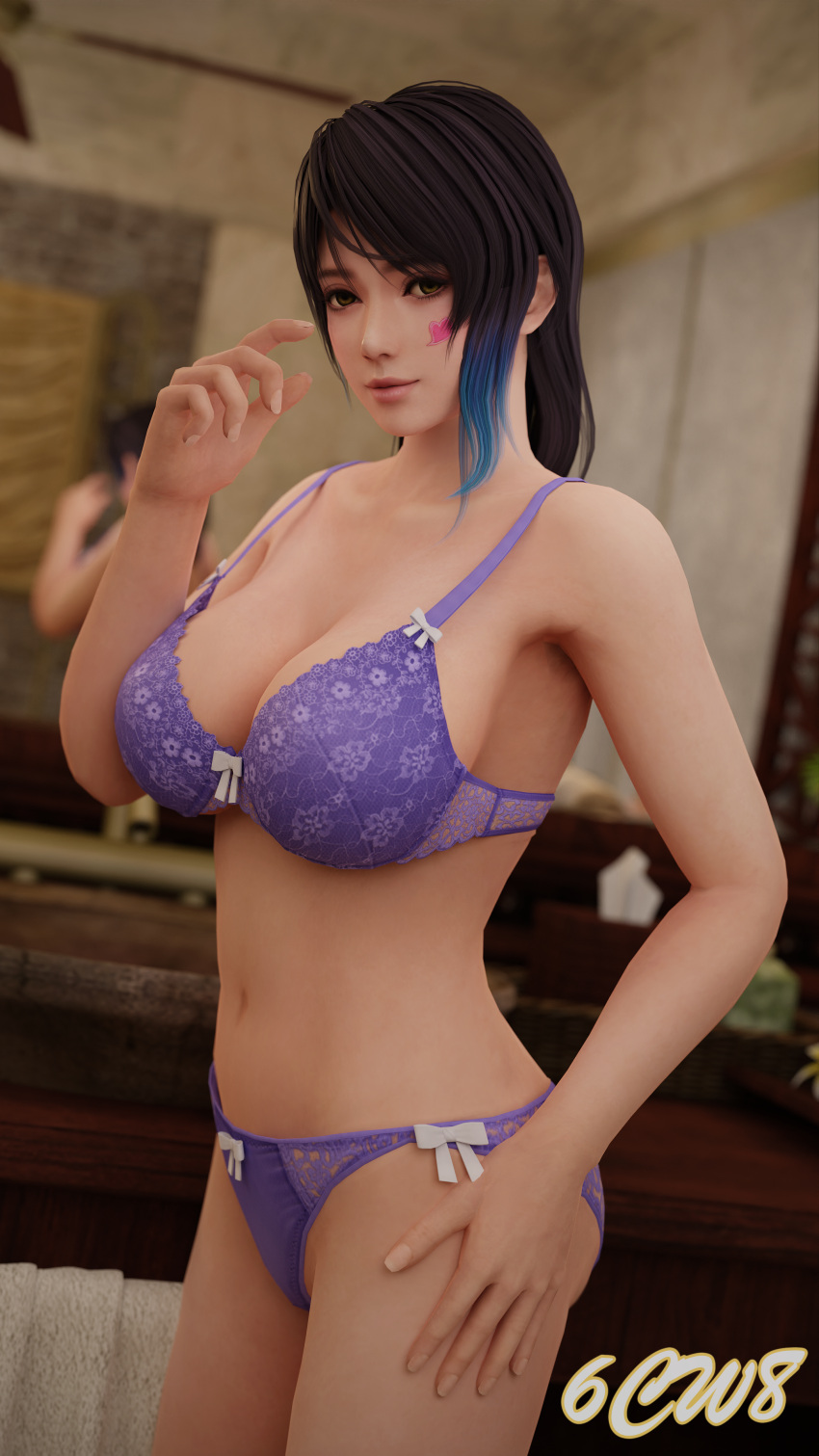 1girl 6cw8 诱人 amber_eyes big_breasts black_and_blue_hair 胸罩 乳沟 dead_or_alive dead_or_alive_xtreme_venus_vacation 内衣 内裤 pin_up shandy_(doa) tecmo 内衣