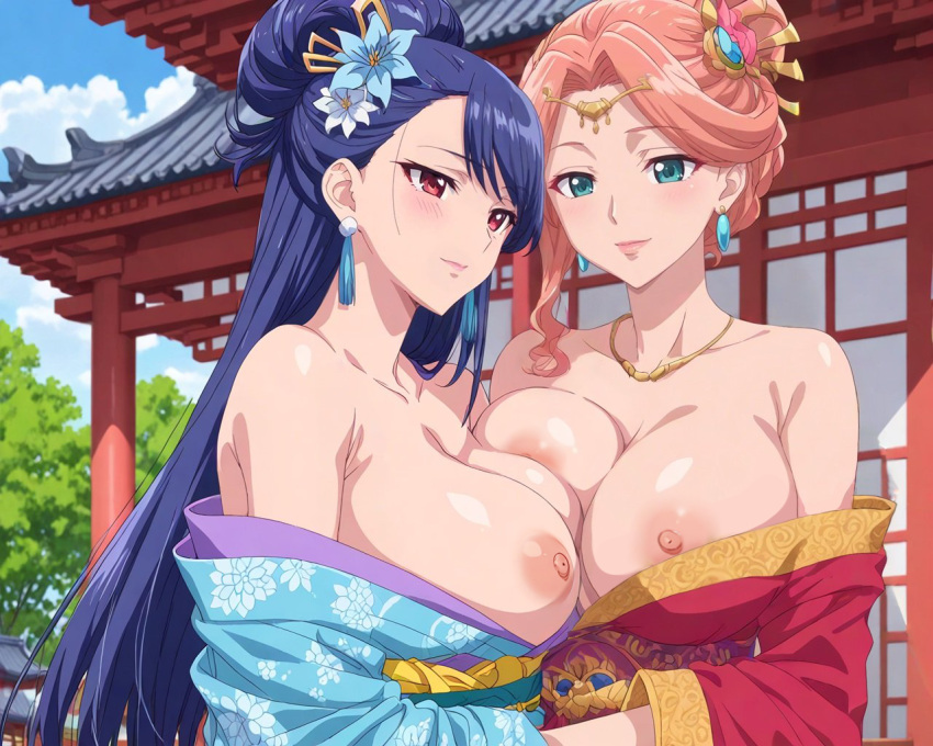 2_girls big_breasts blue_hair Breast_press green_eyes gyokuyou_(kusuriya_no_hitorigoto) Hair_ornament 和服 kusuriya_no_hitorigoto lihua_(kusuriya_no_hitorigoto) long_hairlooking_at_viewer milf nekom14 nipple_slip 乳头 Pink_hair red_eyes