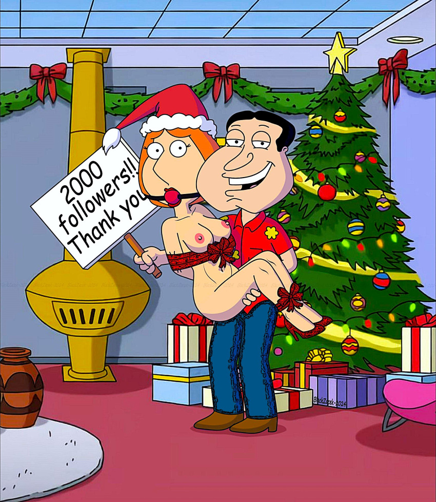 屁股 ball_gag blackzacek 束缚 乳房ecter_乳头 family_guy glenn_quagmire lois_griffin 裸体 santa_hat 大腿