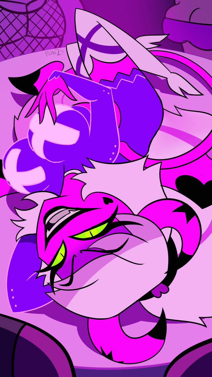 1girl absurd_res 屁股 black_lips 乳房 恶魔 面部_纹身 獠牙 Female_focus green_sclera heart heart_tattoo helluva_boss high_res 喇叭嘴唇 口红 男性馅饼 Pink_body Pink_skin planz34 smooth_skin 纹身 verosika_mayday_(helluva_boss) Yellow_eyes