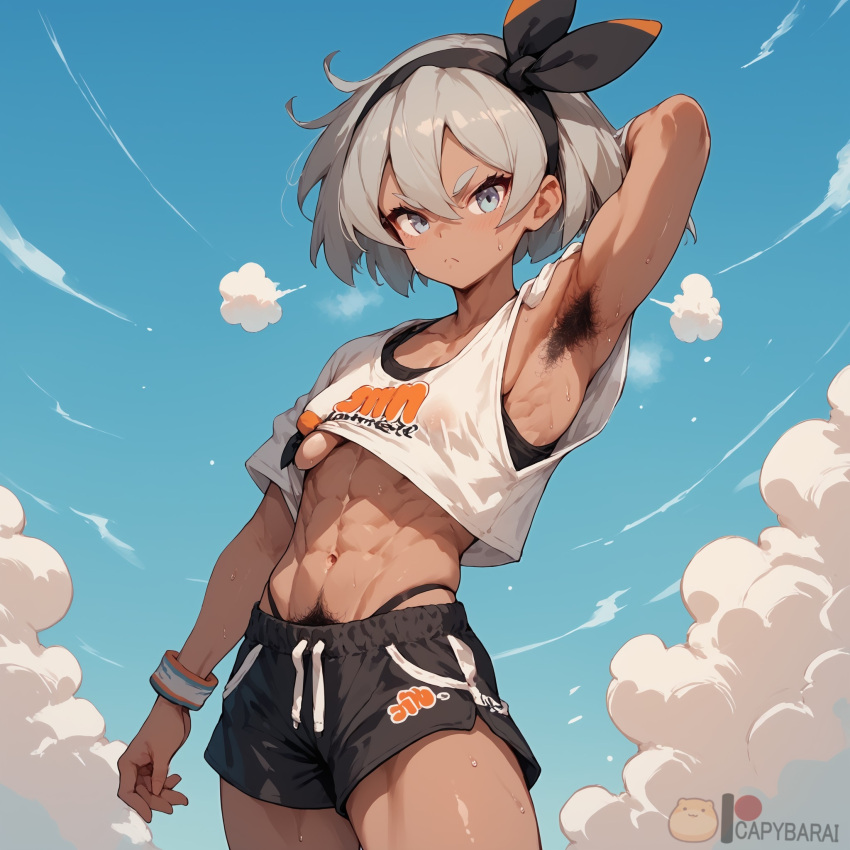 1girl 1girl 腹肌 ai_generate armpit_hair 腋窝 Arms_up 刘海 bare_arms bea_(pokemon) 二头肌 black_hair_ornament black_hairband black_shorts 腮红 Bow_hairband 乳房 水豚 close_mouth 服装牛仔_shot Crop_top 深色皮肤女性 dark_skin dolphin_shorts Female_only grey_eyes grey_hair hair_ Between_eyes 发带头饰室内 观看者 中腹 肌肉 肌肉女性 肚脐斜肌 宠物小精灵 宠物小精灵_(游戏) 宠物小精灵_SS 阴毛 衬衫 短发 短裤 小乳房 运动胸罩 站立 蒸汽胃 汗水 浓密的眉毛 大腿 假小子 色调 下胸内衣 V 形眉毛 湿白发