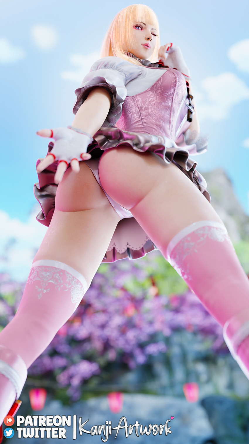 3d 3d_(artwork) 3dx ad8_3d 屁股 屁股_焦点 bandai_namco 金发碧眼 头发 蓝眼睛 靴子 连衣裙 dress_lift emilie_de_rochefort Fighting_game kanjihentai lili_(tekken) lili_rochefort long_hairlooking_at_viewerlooking_back mokujin_hornywood namco namco_bandai 内裤 patreon 丝袜 tekken tekken_8 Twitter 掀裙 video_game_character video_game_franchise 水印 winking_at_viewer